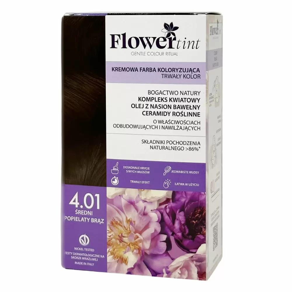Kremowa farba koloryzująca do włosów 4.01 - Średni popielaty brąz | FlowerTint