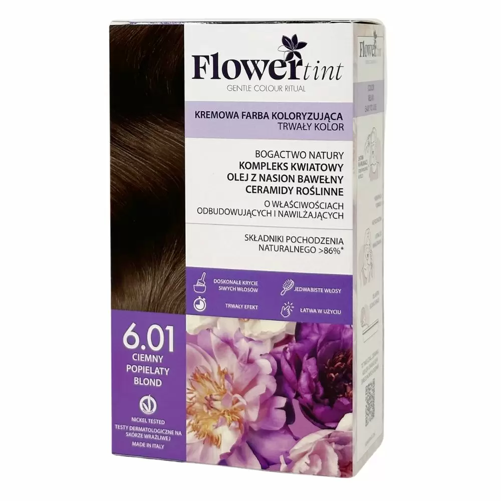 Kremowa farba koloryzująca do włosów 6.01 - Ciemny popielaty blond | FlowerTint